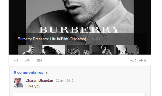 Une publication de la marque Burberry sur google+